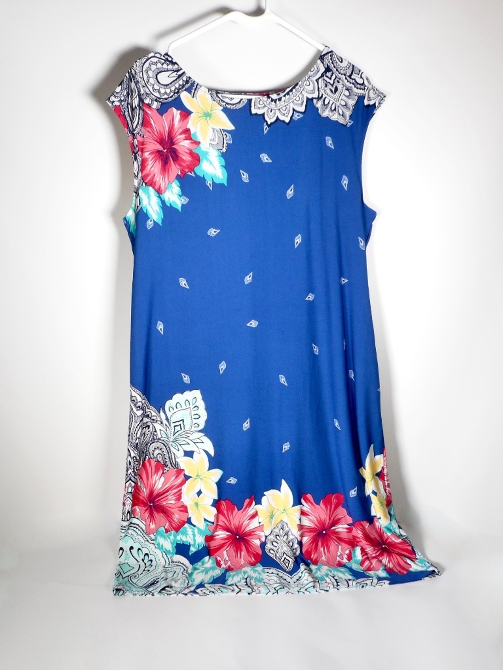 Chico's Womens Sz 2 L 12 14 Blue White Floral Dress Sleeveless Stretch Paisley